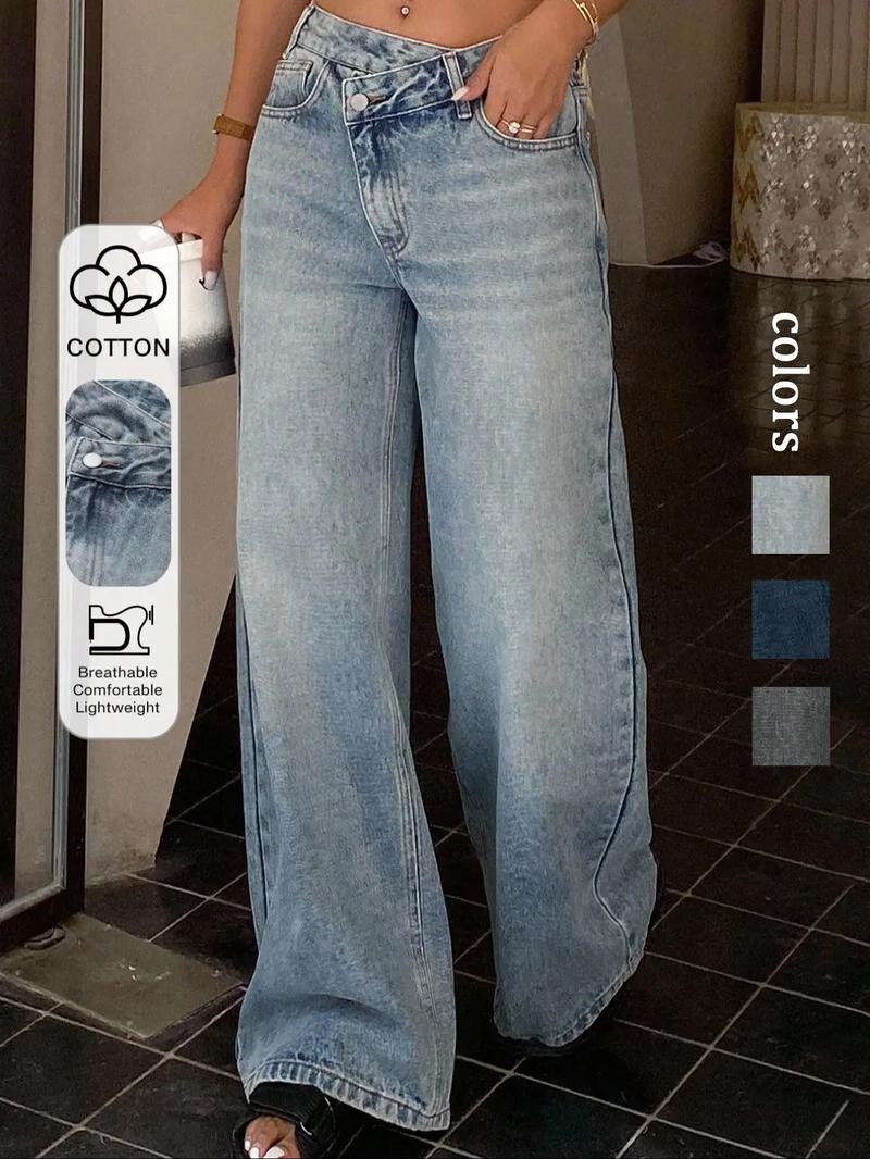Women's Asymmetrical Low Waist Wide Leg Jeans, Zipper Pocket Design, Casual Fashion for All Seasons, Limited Time Purchase
