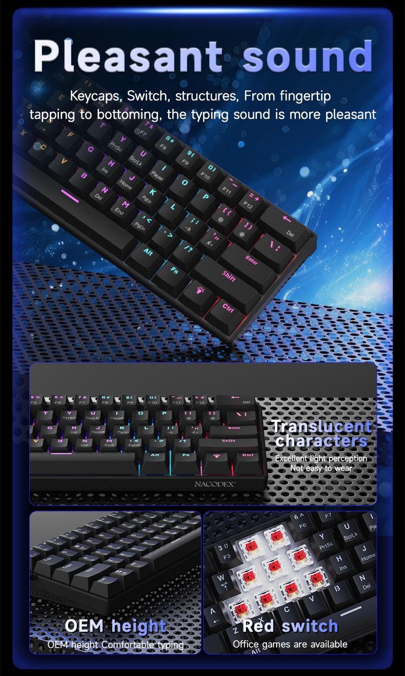 AJAZZ NK61 Mechanical Keyboard with Red Switches, ABS Black Keycaps, 60% Compact Layout, Wired Office Mechanical Keyboard, TKL Mixed Backlighting, Ribbon Included, Portable, Comfortable Typing Feel, Suitable for Gaming, Office, and More Scenarios