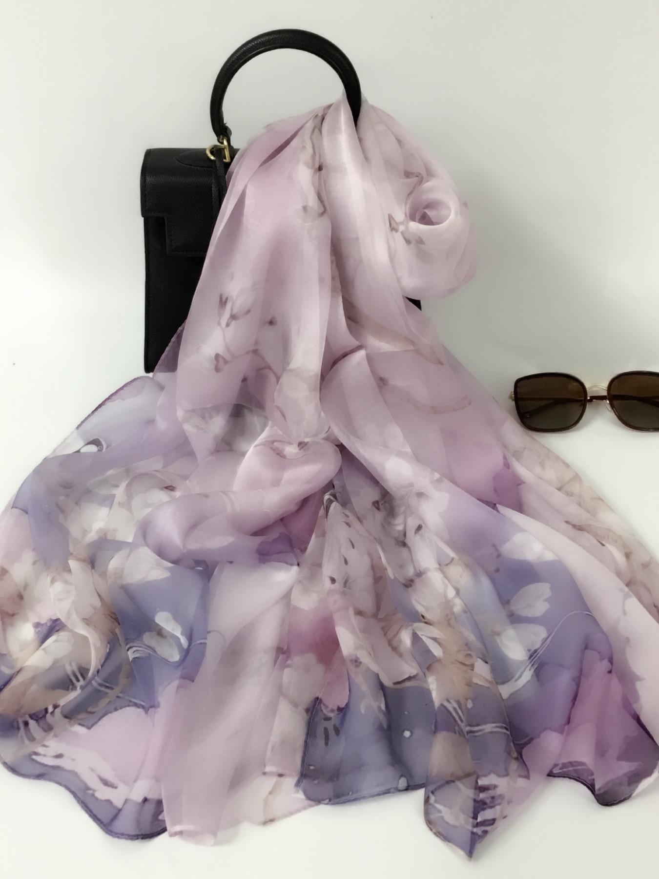 175cm*110cm Printed Silk Shawl for Women, High-End Silk Scarf, Lotus Pattern, 100% Mulberry Silk, Soft and Breathable, Ideal Gift