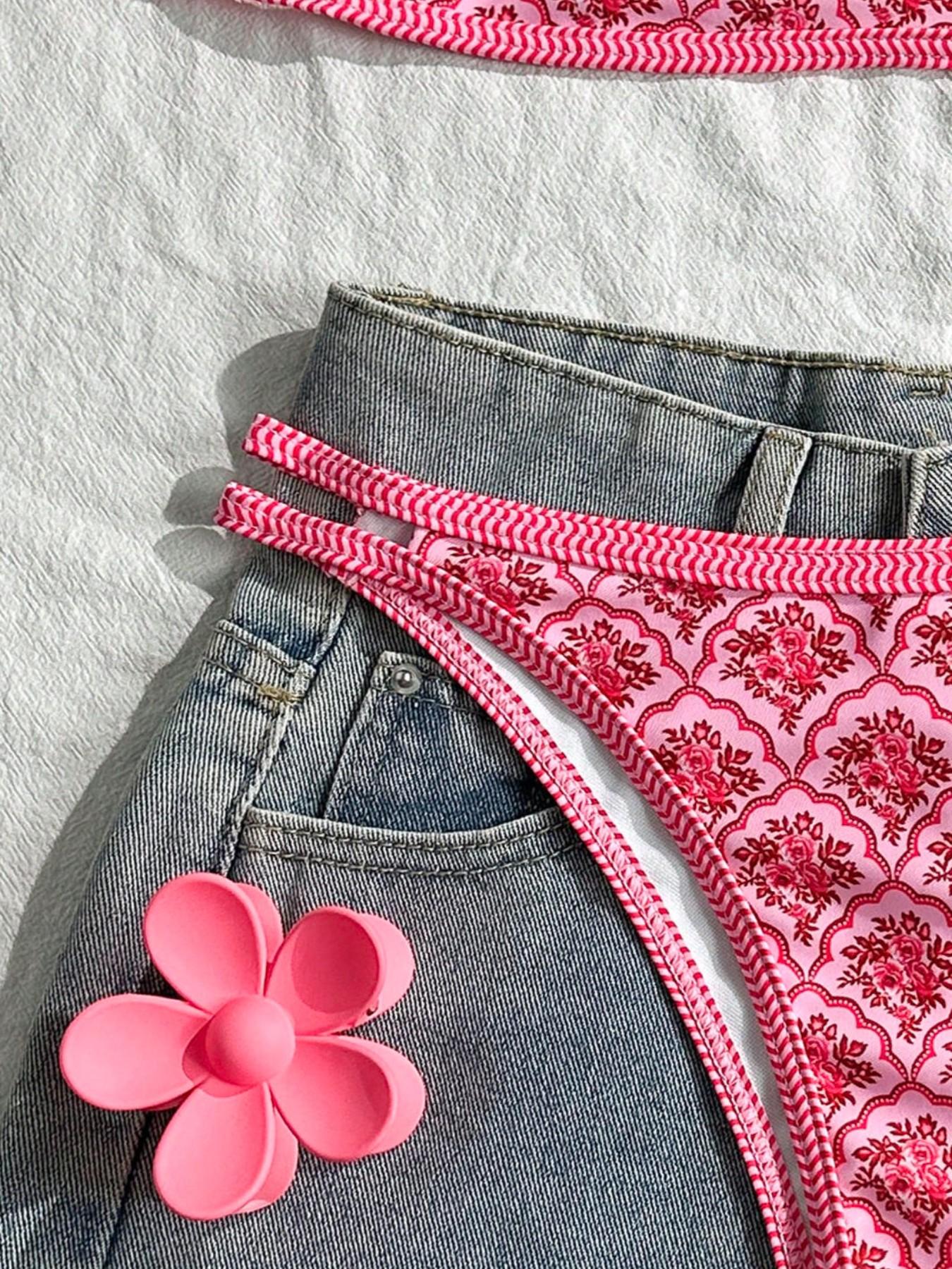 Women's Summer Floral Swimsuit Spaghetti Strap Sexy Beach Bikini Holiday Tight Casual Cute Playful Two Pieces Swimsuit