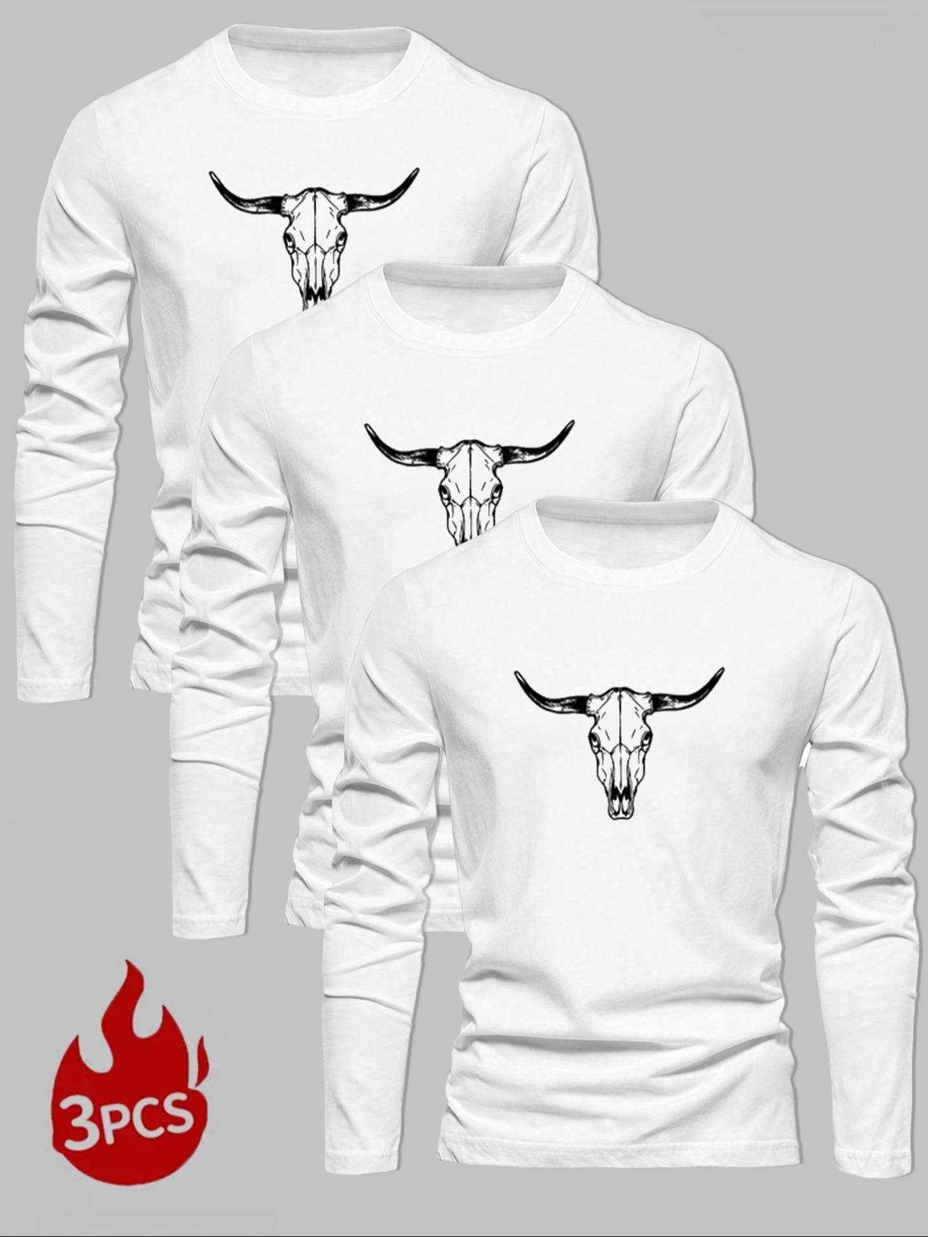 Men's 3-Piece Knit Bull Print Round Neck Long Sleeve T-Shirt Set, Graphic, Fitted Casual Fashion, Soft Handfeel, Comfortable Streetwear