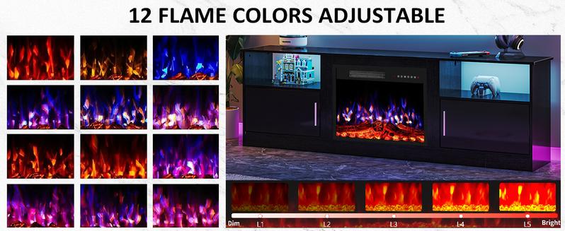 PUKAMI 70" Fireplace TV Stand with 23" Electric Fireplace for TVs Up to 80 inch, Modern LED Light Entertainment Center with High Gloss Storage Cabinet, Media TV Consoles for Living Room