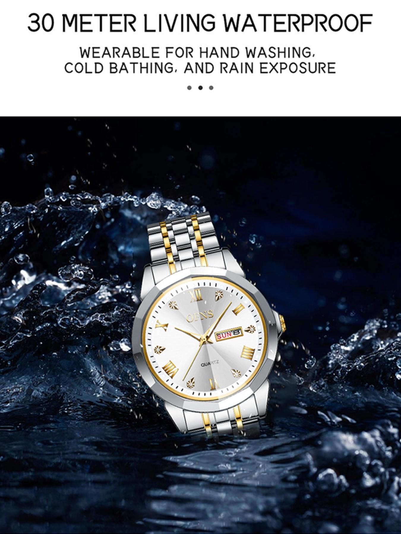 OFNS Men's Alloy Watch, Waterproof Business Style, Elegant Quartz Analog Watch, Dial, Rhinestone Design, All Seasons