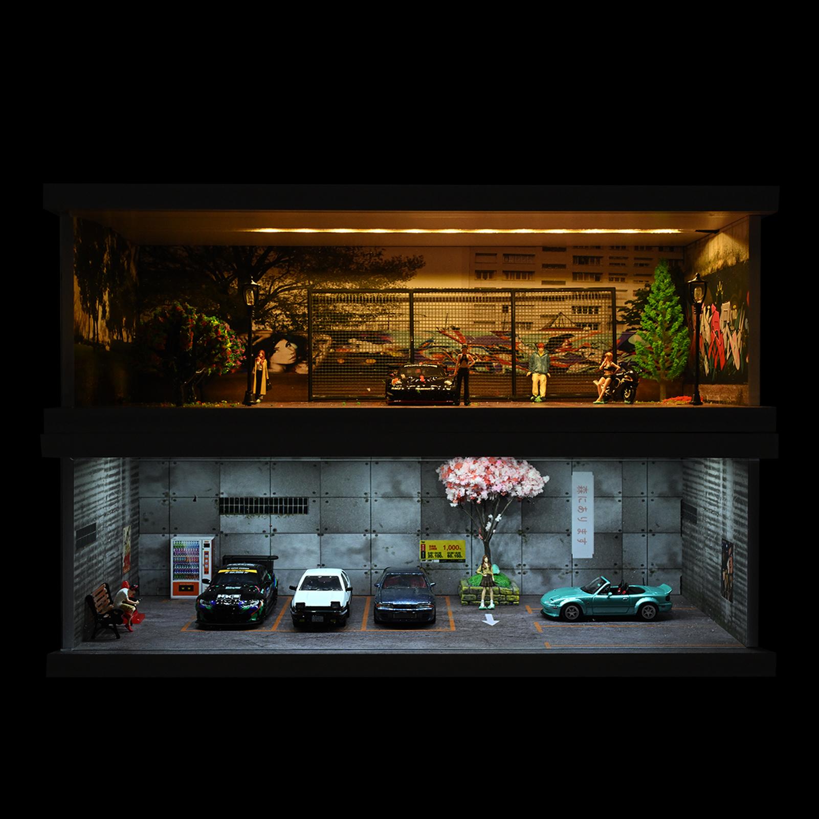 Diorama 1:64 Scale Car Garage Model With LED Lighting Fits For 1/64 Hot Wheels Diecast Model Car City Street Car Parking Lot Backdrop Display Model  Collection Toy Gift with Acrylic Dust Door