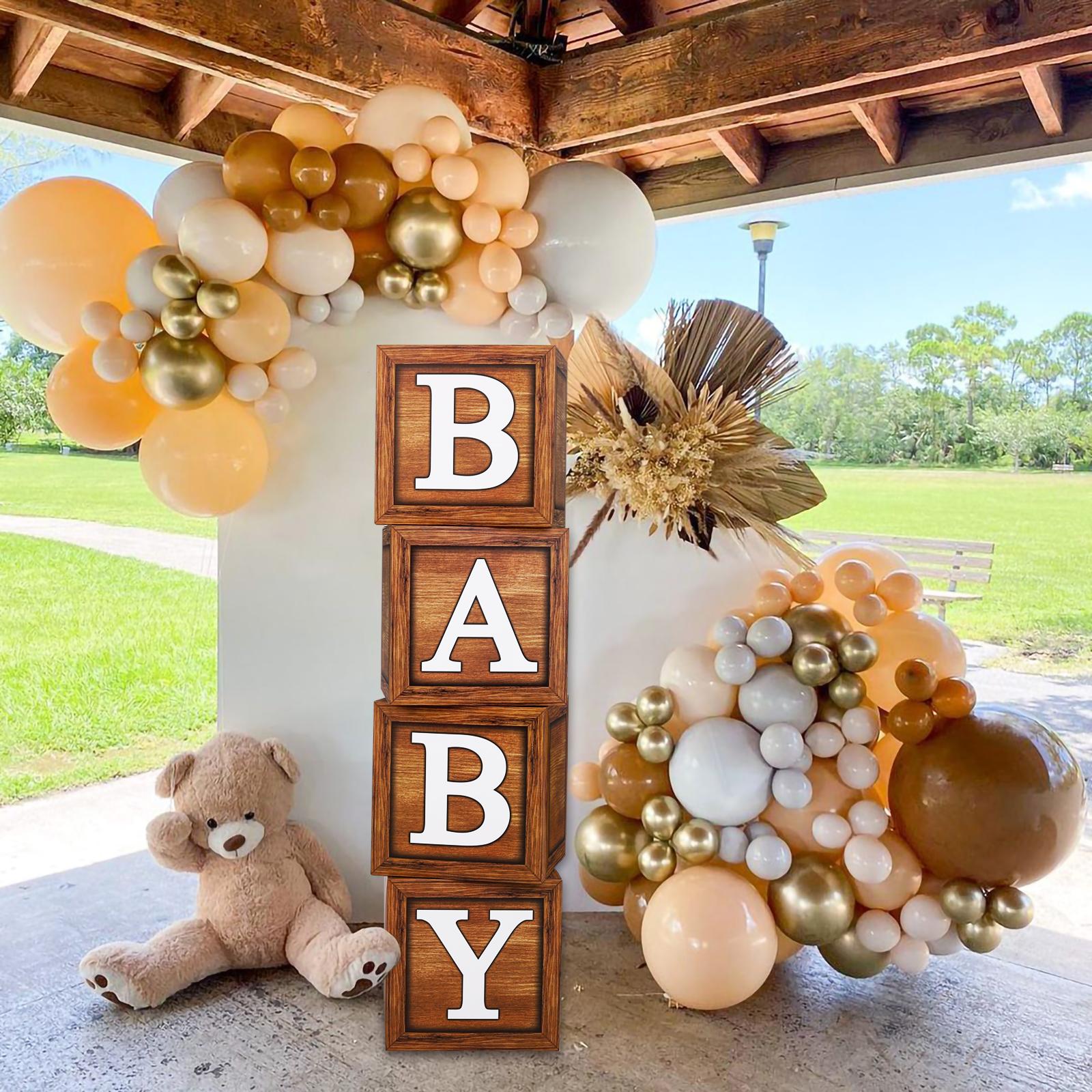 Wood Grain Printing Baby Shower Display Boxes Decoration, Neutral Gender Reveal Backdrop Brown Baby Stacking Blocks Backdrop for Kids Birthday Party