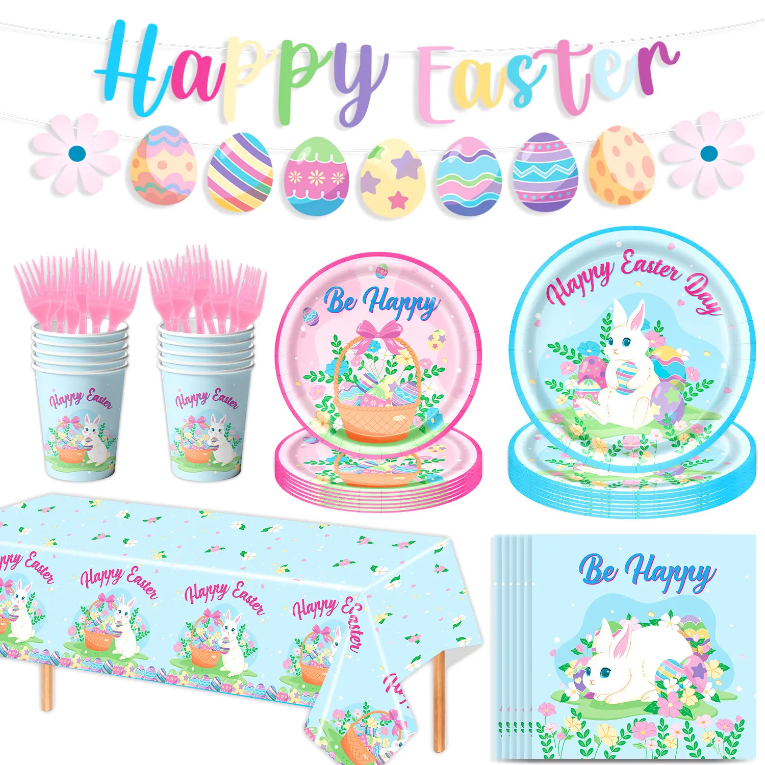 Easter Themed Party Supplies Set, Paper Plates, Tissue Napkins, Tablecloths, and Banners for Easter Party Decorations, Disposable Tableware Kit