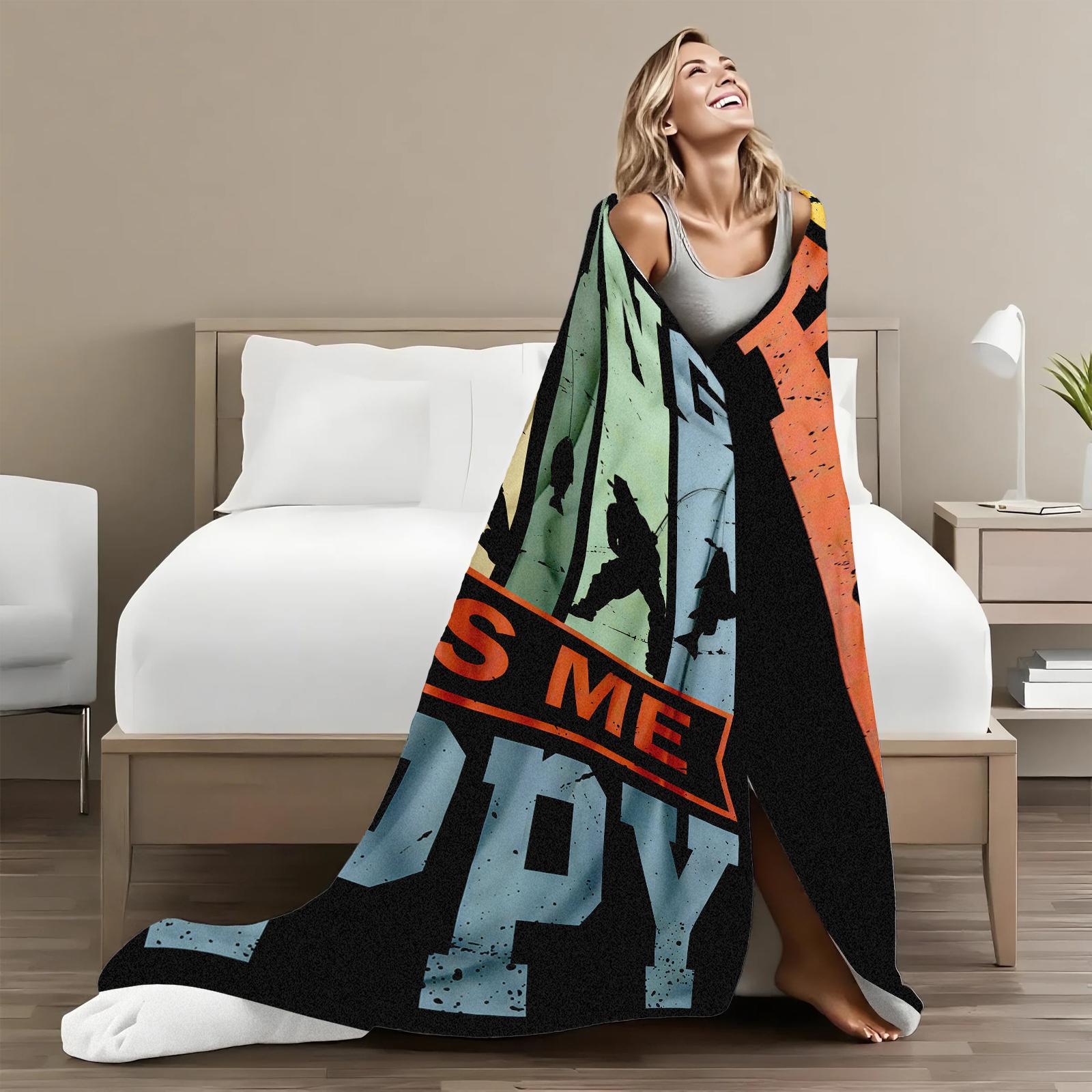 Flannel Fishing Enthusiast Blanket – FISHING MAKES ME HAPPY Design, Oversized Soft Throw for Outdoor Travel & Camping, Tear-Resistant, All-Season Comfort, Perfect Gift for Fishermen