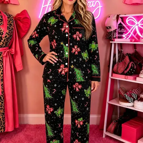 Funny Monster Christmas Pajamas Set, Tree & Bow Print, Comfortable Long Sleeve Button-Up, Perfect Holiday Gift