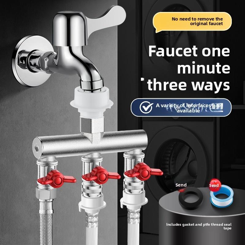 No need to disassemble the original faucet. Washing machine faucet splitter, one inlet three outlets with switch, 6-point quick-install buckle water diverter valve