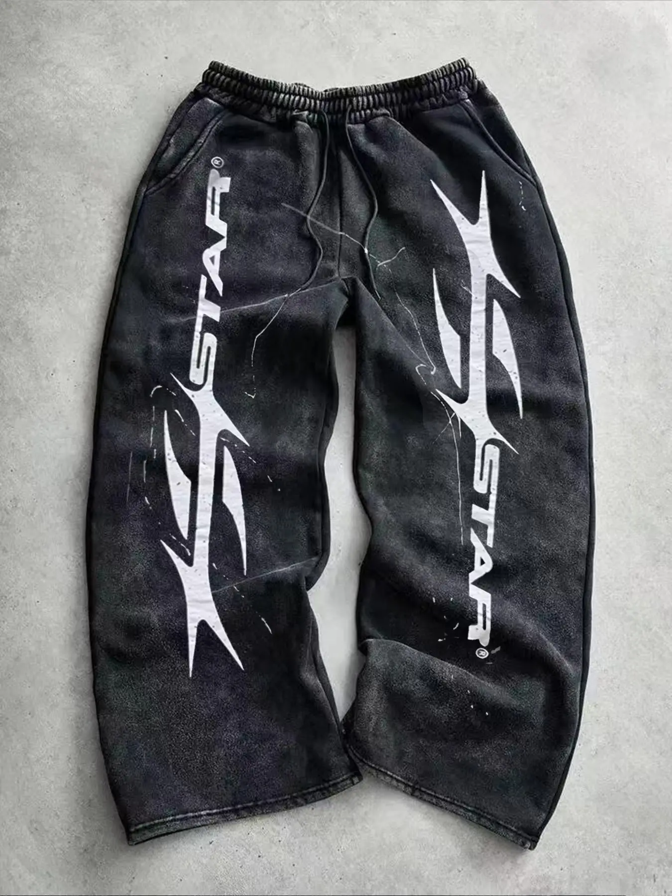 American Vintage Street Style Washed Tie-Dye Lightning Letter Print Loose-Fit Casual Sweatpants for Men, Fall Winter New Fashion Sport Long Pants, Athletic Casual Pants