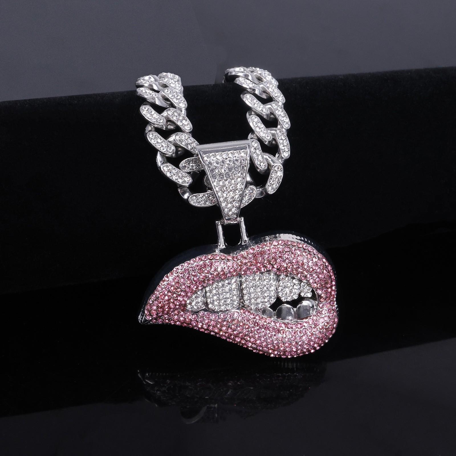 Silver Iced Out Pink Lips Pendant Necklace - Cuban Link Chain Hip Hop Jewelry for Men Women iced out necklace, cuban link necklace, lips necklace, pink lips pendant, hip hop jewelry, silver cuban chain, rhinestone necklace, two tone necklace, grillz jewel