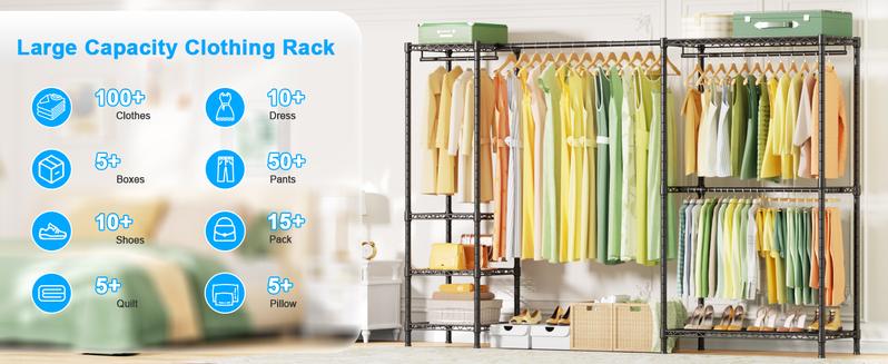 Ulif E10 Clothes Rack（With Stretchable Hanger Rod）Freestanding Clothing Racks for Hanging Clothes，Adjustable Closet Organizer System，Portable Garment Rack 73-97"W x 15" D x 72" H，Max Load 800LBS，Black Pastel