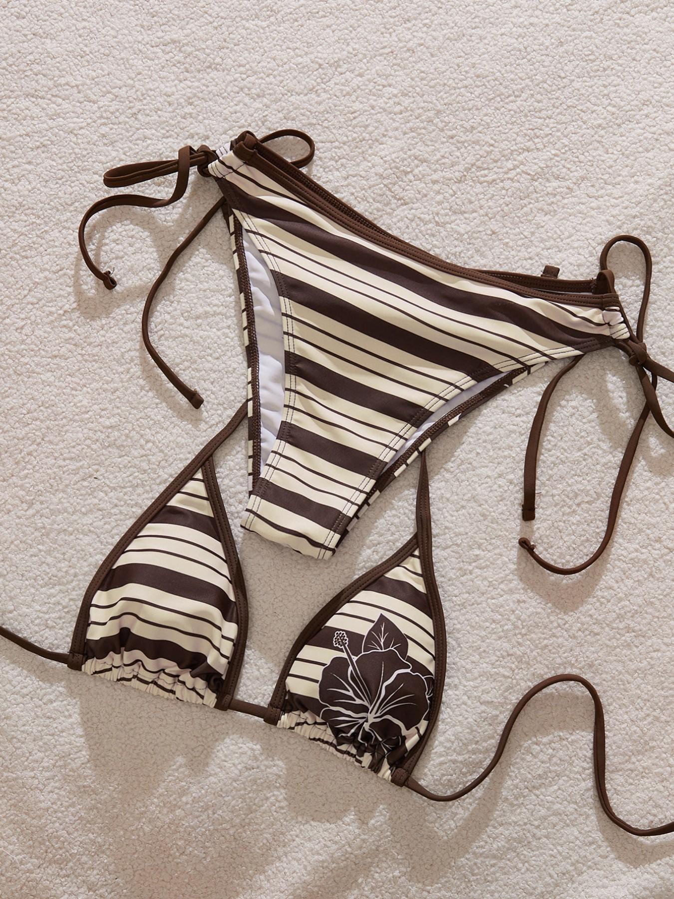 Women's Swimsuit bikini,retro stripe cute Hibiscus floral   vintage print beachwear swimsuit pants /Going Out Outfits/Birthday Outfit/Casual/Y2k/2000s/Y2k Clothes /Classy/Old Money/Streetwear/Vacation Outfits/