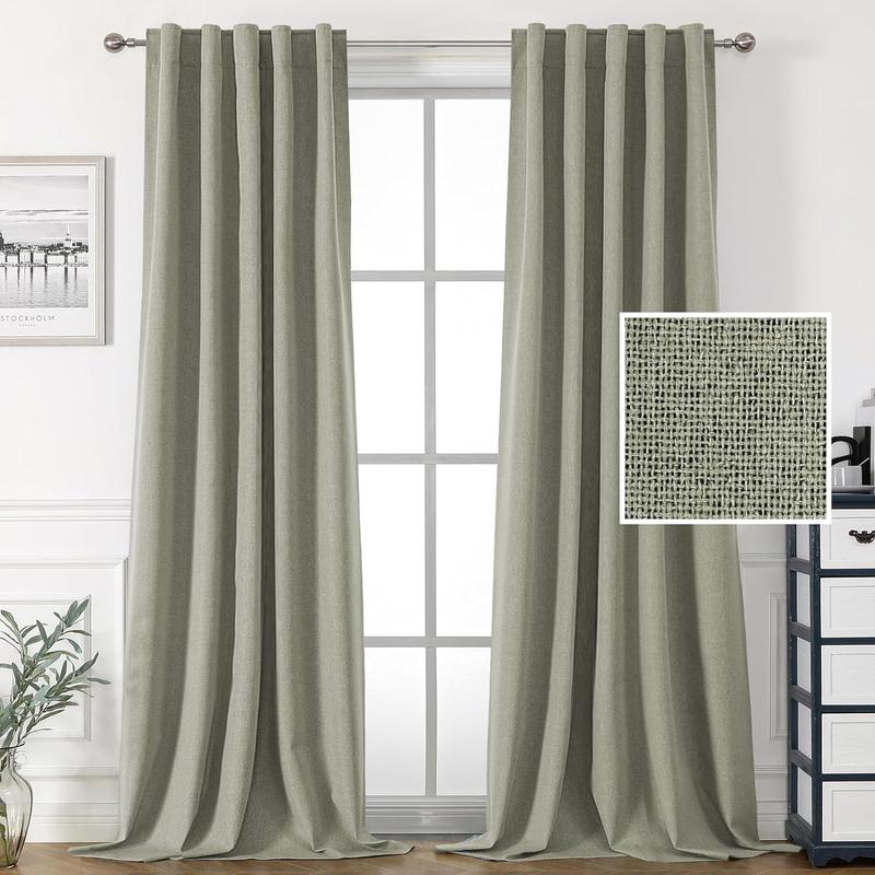 H.VERSAILTEX 100% Blackout Faux Linen Curtains for Bedroom Full Light Blocking Drapes with Double Face Linen Back Tab Loop Pocket Textured Burlap Curtains for Living Room 2 Panels