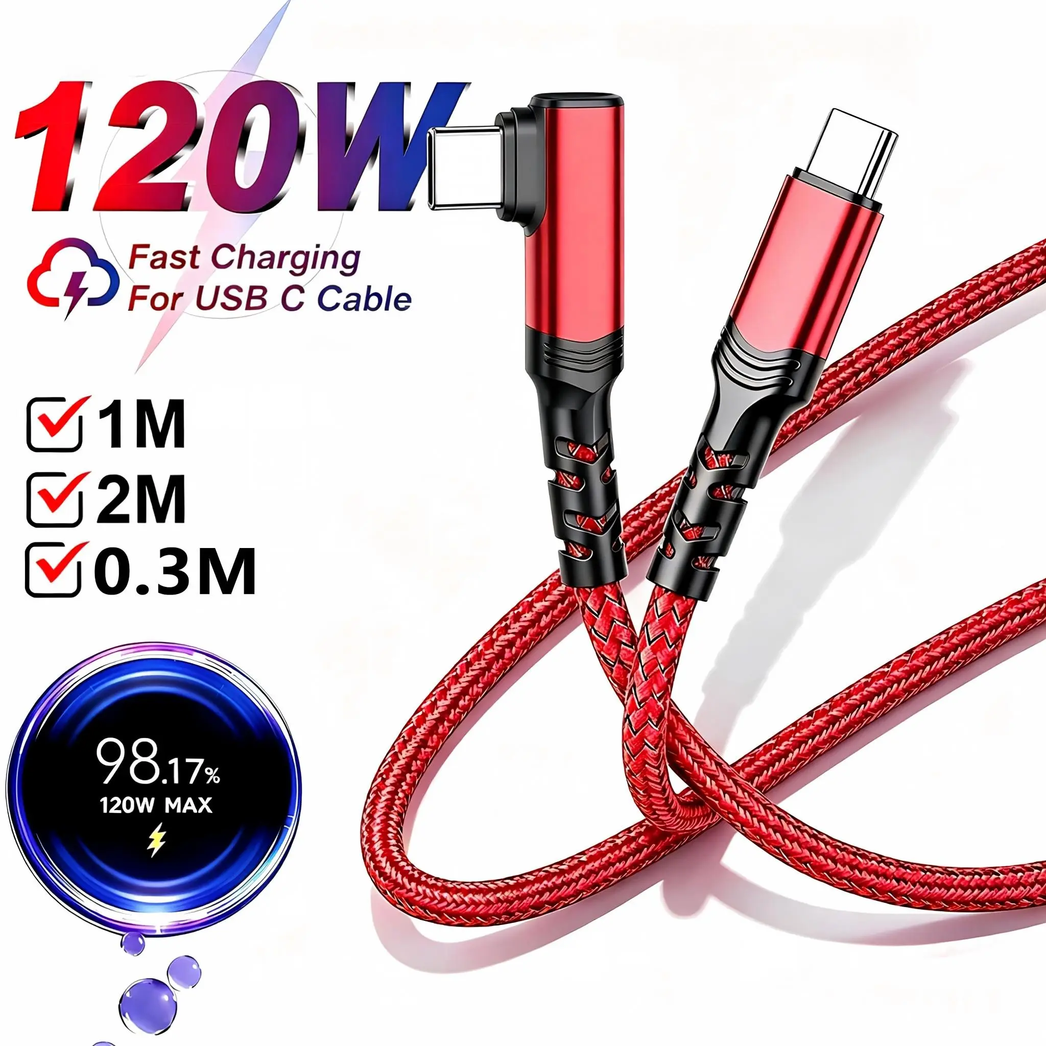Bent USB-C to Type-C Data Cable, 120w Fast Charging, 480mbps Transfer Speed, Compatible with Apple Macbook Pro, iPhone, Samsung, Xiaomi, 1m/2m