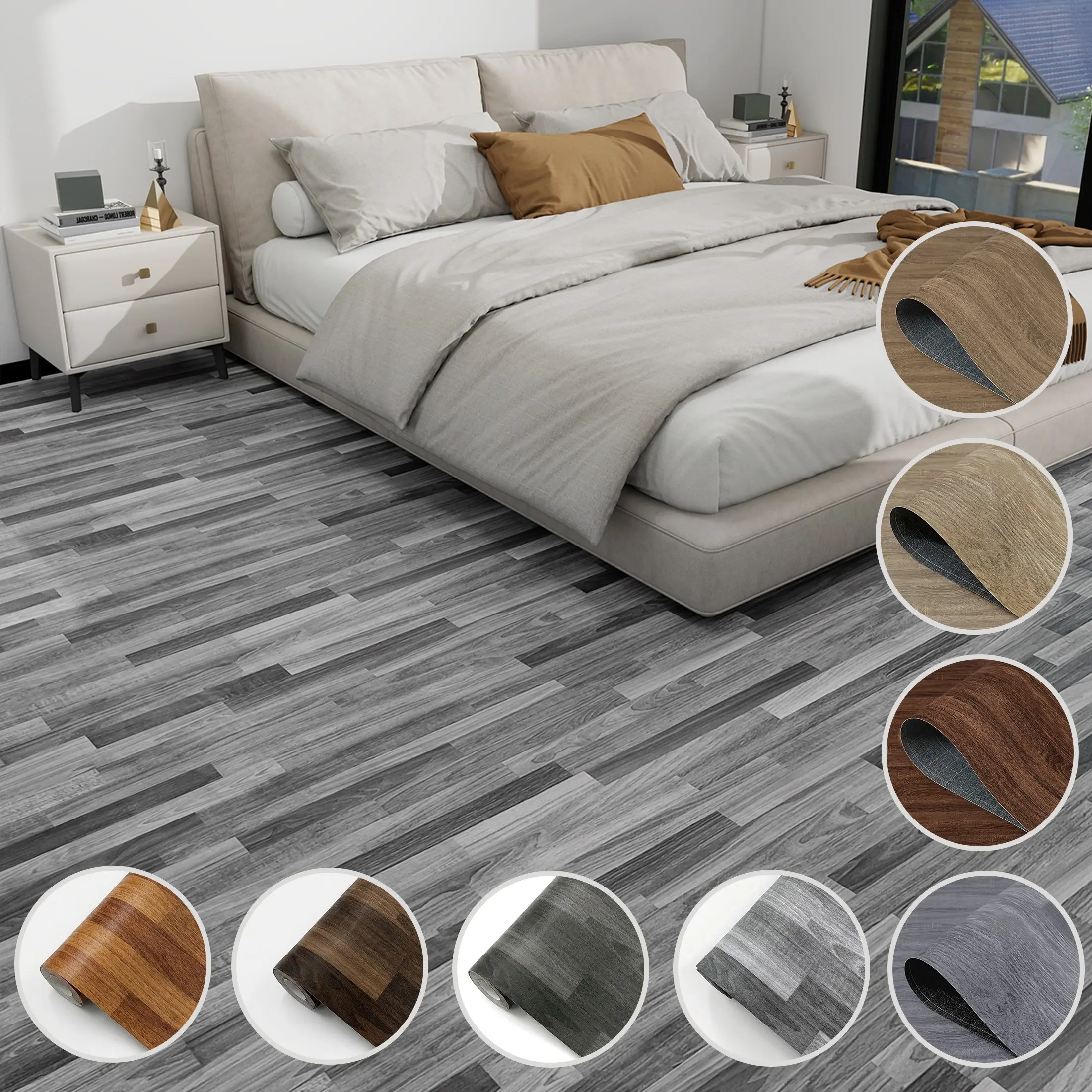 1 Roll 40cm (15.75 Inch) Wide Grey Wood Grain Peel and Stick Floor Tile, Waterproof Oil Proof Self Adhesive Vinyl Floor Sticker, Cuttable Removable Floor Decal for Living Room Bedroom Kitchen Bathroom DIY Home Decor