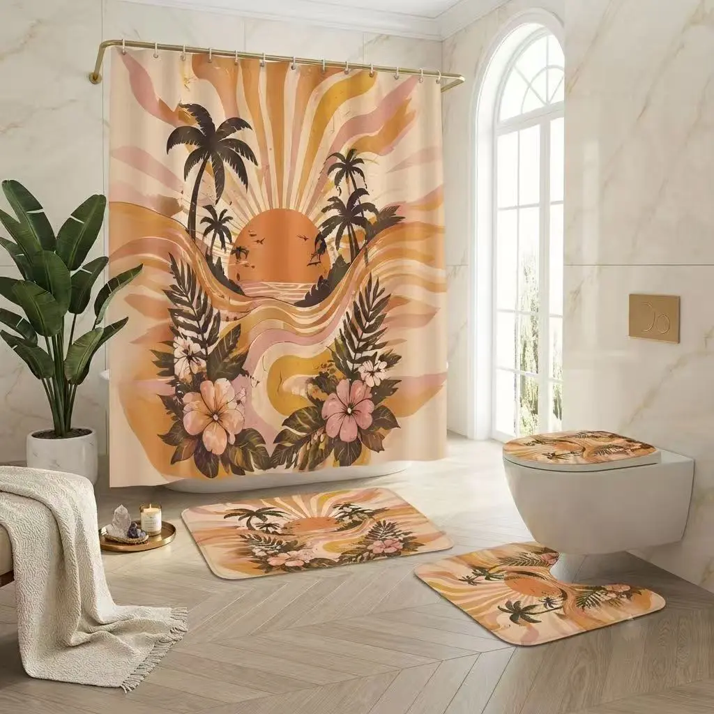 Retro Tropical Sunset Shower Curtain Set – Vintage Palm Trees, Hibiscus Flowers & Radiant Sunburst on Warm Tones, Boho Beachy Bathroom Decor for Summer Vibes & Coastal Escape Lovers