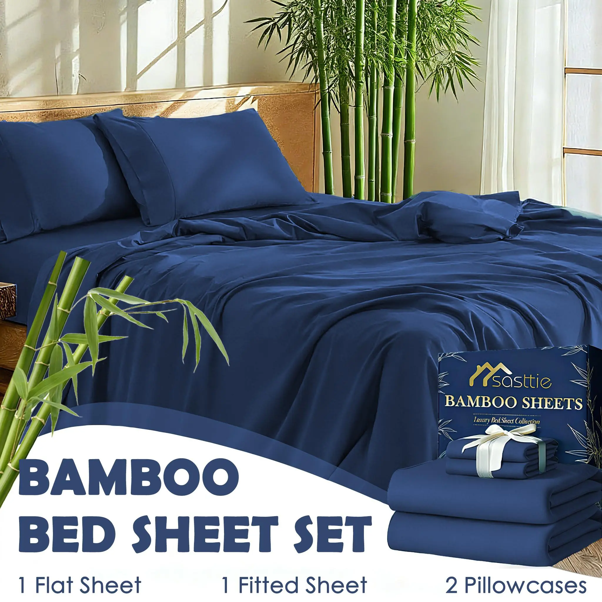 SASTTIE Luxury Bamboo Bed Sheet Set - 3/4 PCS Extra Deep Pocket Fitted Sheets - Breathable Cooling Bedding Set - Ultra-Soft Wrinkle-Free - Hotel Quality - Halloween Gifts
