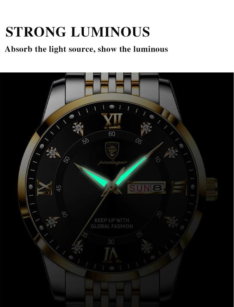 Men's Stainless Steel Analog Quartz Watch, Waterproof Luminous Display, Day & Date Function, Stylish Business Design for Daily Wear, Business Fashion Watches