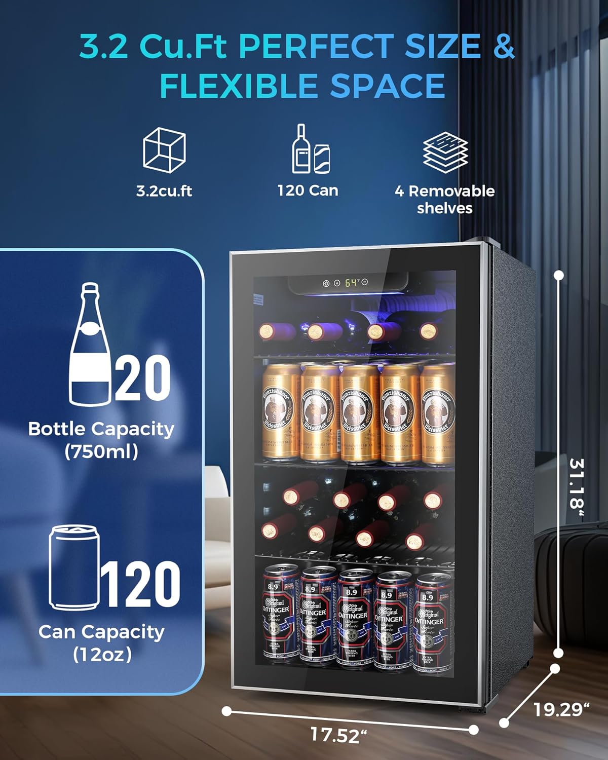 COWSAR Beverage Refrigerator and Cooler, Mini Fridge 48-130 Can, Little Cooler with Digital Display 32~61℉, Small Refrigerator with 4 Shelves for Home Office, Bedroom, Garage, Game Room, 1.3-4.4 Cu.Ft