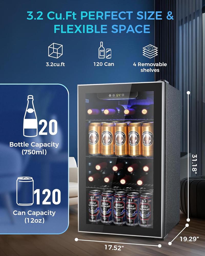 COWSAR Beverage Refrigerator and Cooler, Mini Fridge 48-130 Can, Little Cooler with Digital Display 32~61℉, Small Refrigerator with 4 Shelves for Home Office, Bedroom, Garage, Game Room, 1.3-4.4 Cu.Ft