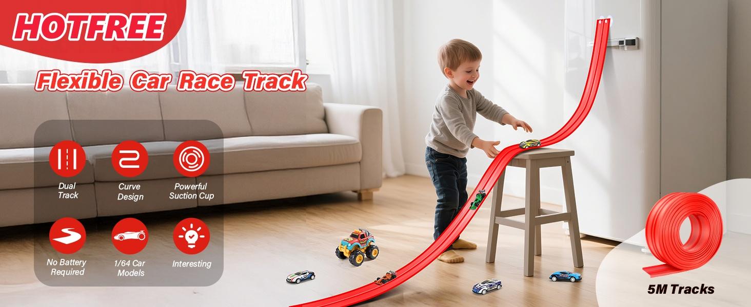 Hotfree Flex Tracks 15Ft for Kids, STEM Flexible Race Car Ramp Track with 4 Small Racecars 12 Suction Cups and 1 Hook, Compatible with Hot Wheels and Diecast 1/64 Cars, Rolls Up Portable Racetrack for Ages 3+, Easter Toy Birthday Christmas Gifts for Kids