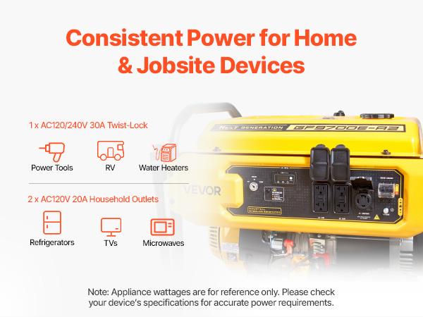 VEVOR Portable Generator, 9625W Peak Watt Home Generator, Backup Generators for Home with Foldable Handle, Electric Start, Gas Powered, CO Sensor, RV Emergency Ready 30A 20A Outlets, AVR