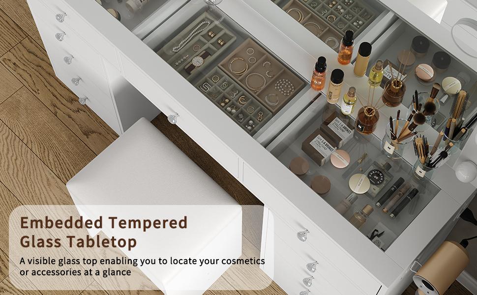 FUSOU 55"W 11 Drawers Makeup Vanity with Charging Station, Vanity Desk with 13 LED Bulbs and HD Mirror,  3 Color Brightness Adjustable, Glass Top Vanity Set for Bedroom, White