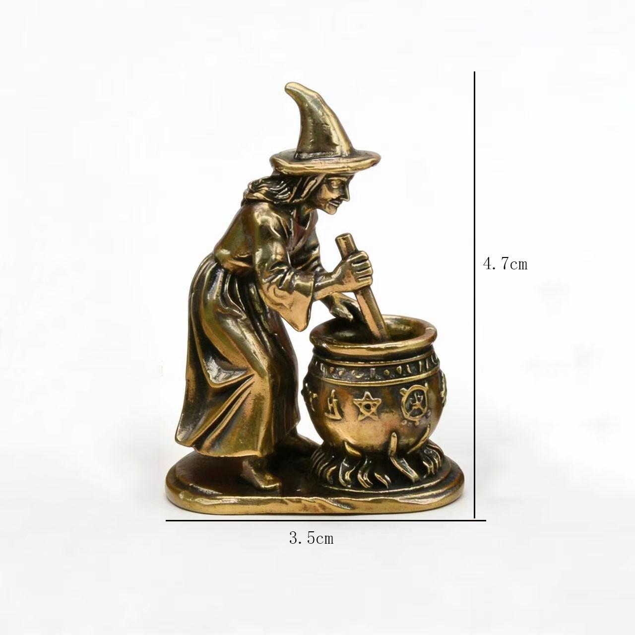 Vintage Brass Witch Grinding Pot Statue Figurine, Pentagram Magic Miniature Craft, Desktop Decoration, Collectible Wizardry Ornament, Creative Desk Tea Pet Gift