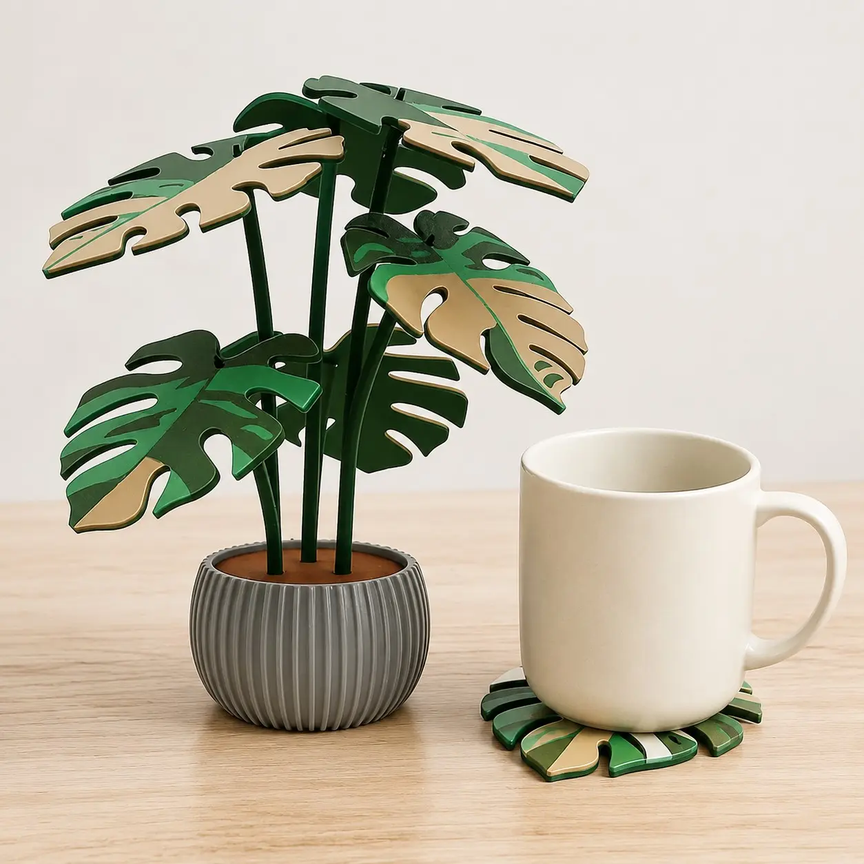 Monstera Plant Coaster Set 6 Leaf Coasters with Potted Holder - Modern Plant Decor Functional Home Decor Great for Desks Gift for Plant Lovers,  Cute Home Office Desk Decor & Novelty Gift