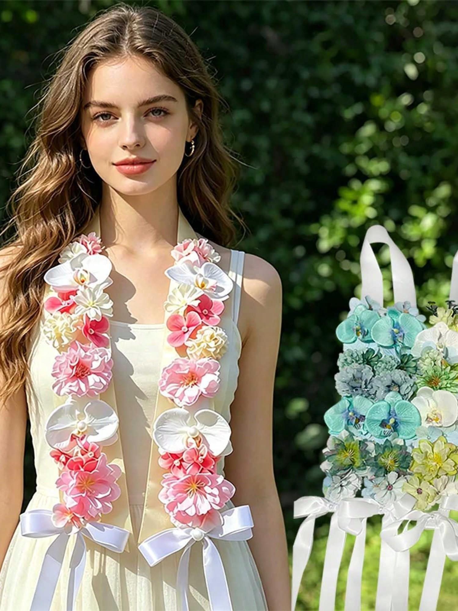 Faux Flower Hanging Neck Ceremony Lei, Hawaiian Tropical Orchid, Mixed Artificial Flowers, Wedding Party Photo Prop, Decorative Summer Vibe Accessory