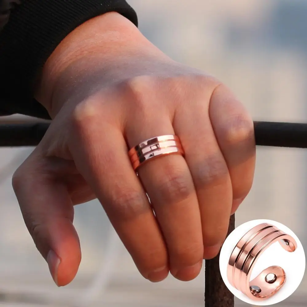 Vinterly Magnetic Copper Rings Men 8.5mm Wide Trendy Health Energy Cuff Adjustable Wedding Bands Ring for Arthritis Pain Relief