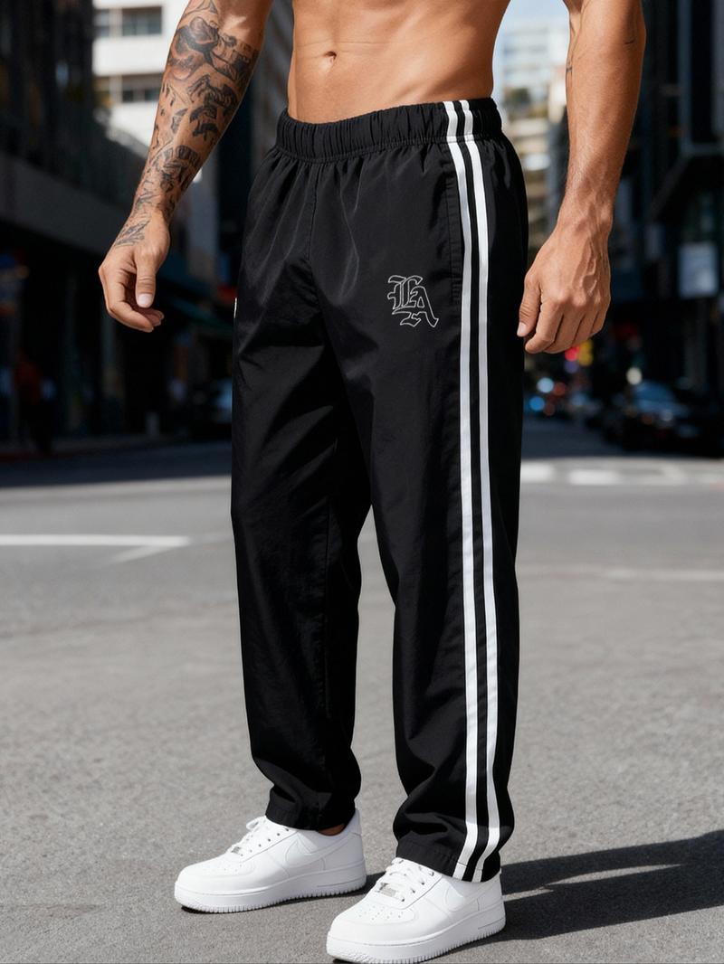 Men's Fashion Drawstring Straight Leg Pants, Side Stripe Design, Velvet Fabric, Casual Sportswear for All Seasons, Outdoor Leisure, Athleisure Style Bottoms
