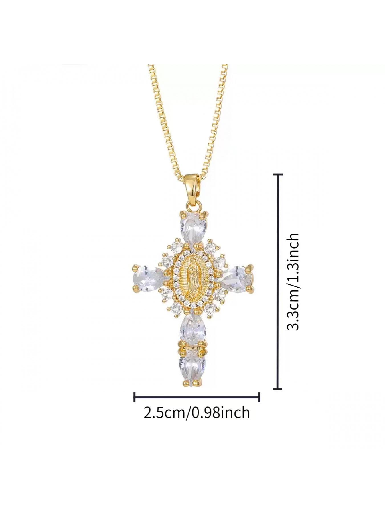 Our Lady of Guadalupe Cross Pendant NecklaceTeardrop Crystal Religious Jewelry. A golden cross adorned with a delicate image of the Virgin Mary, surrounded by sparkling teardrop-shaped crystals, available in purple/pink/transparent colors