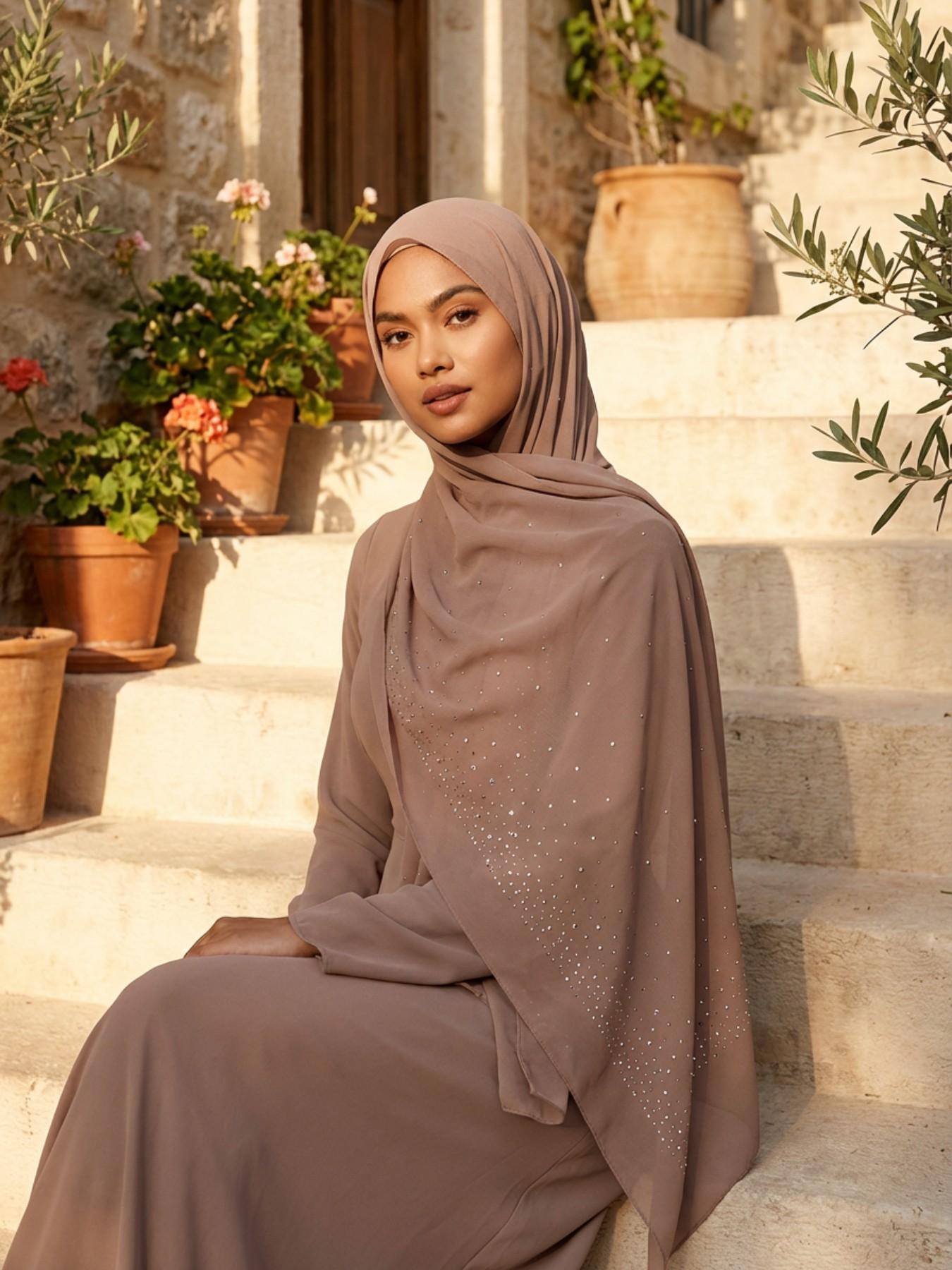 Lm601 Handmade Rhinestone Chiffon Single Layer Headscarf, Modest Plain Design, All Seasons Accessory, Women's Fashion Head Wrap