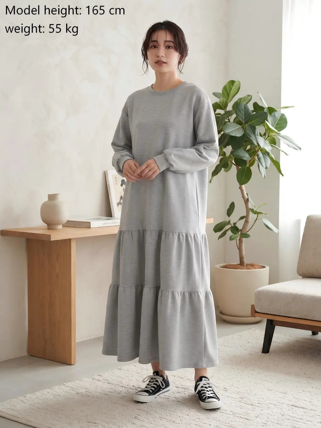 Japanese Style Spring Summer Sweatshirt Dress for Women, Ruffled Hem Loose Medium-Length Dress, Lantern Sleeve Over-The-Knee Dress