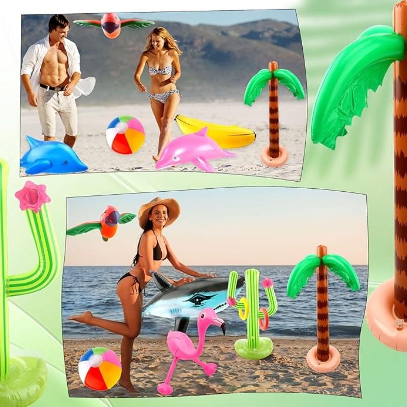 9-Piece Inflatable Hawaii Party Set, Includes Coconut Trees, Beach Balls, Parrot, Flamingo, Banana, Dolphin, Pump, for Beach Pool Adult Parties