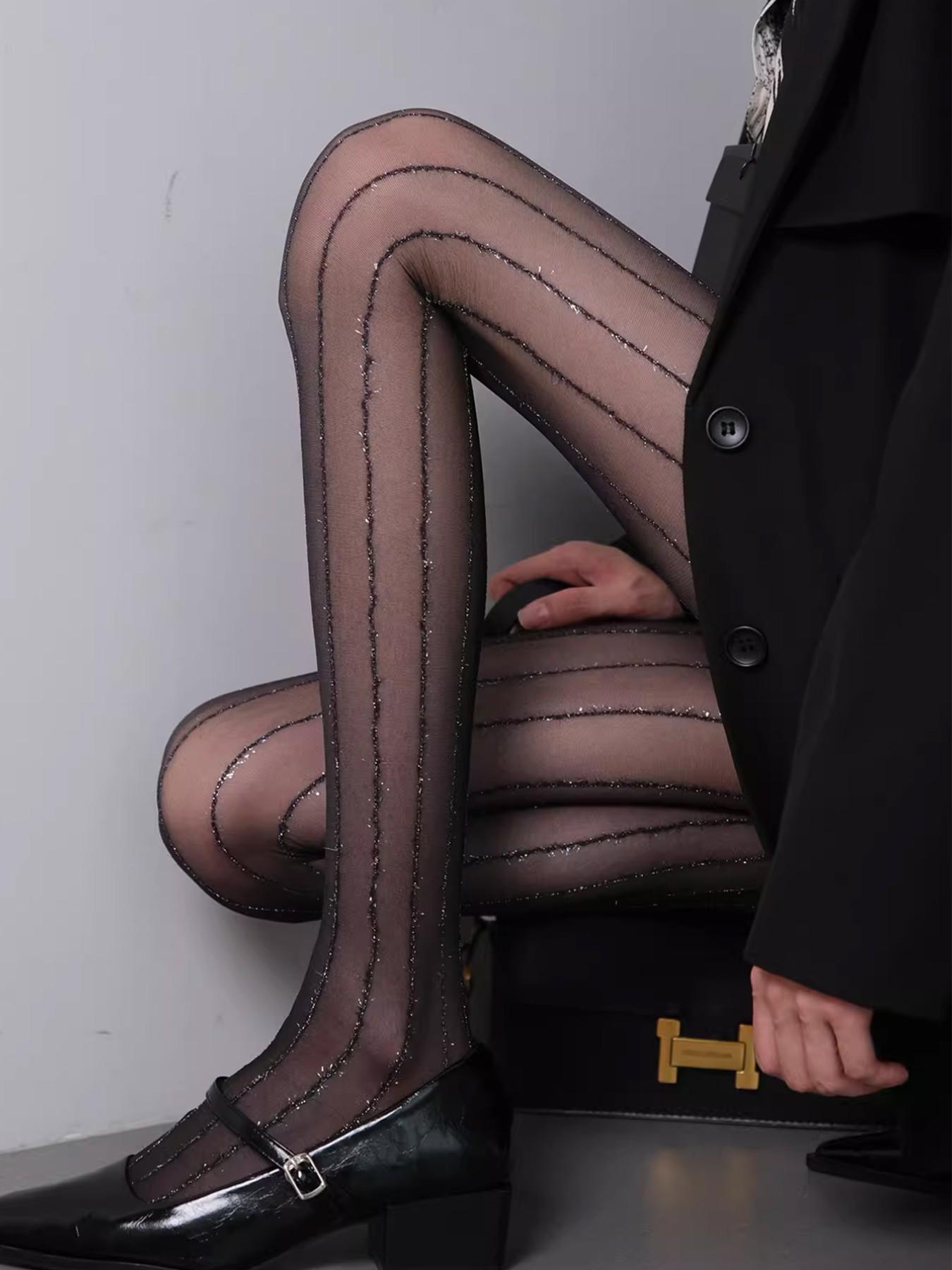 Commute Essential! Breathable Vertical Stripe Silk Stocking, Long Wear Non-Slip, High-Waist Slim Fit, Fashion Plaid Pattern