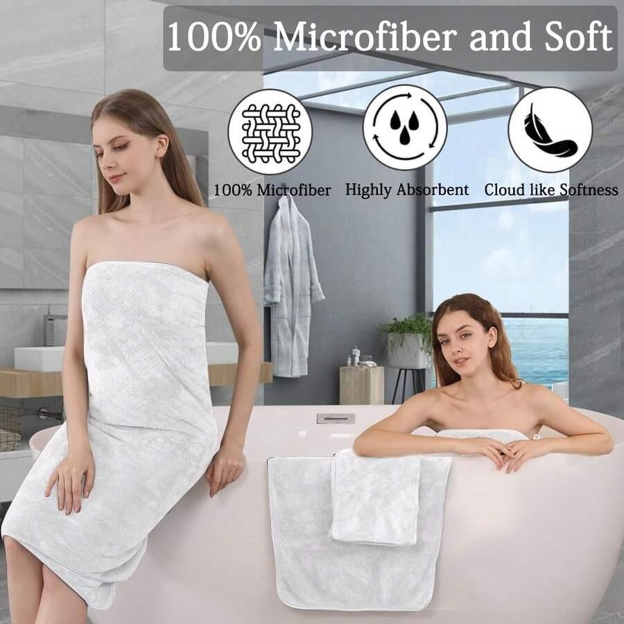 Women's Bath Towel Set - Adjustable Microfiber Super Absorbent, Bath Towel And Bathroom Shower Head Cover, Quick Drying Hair And Body, Suitable For Gym, Spa, Sauna And After Shower Body Covering, Pink Gray Back To School