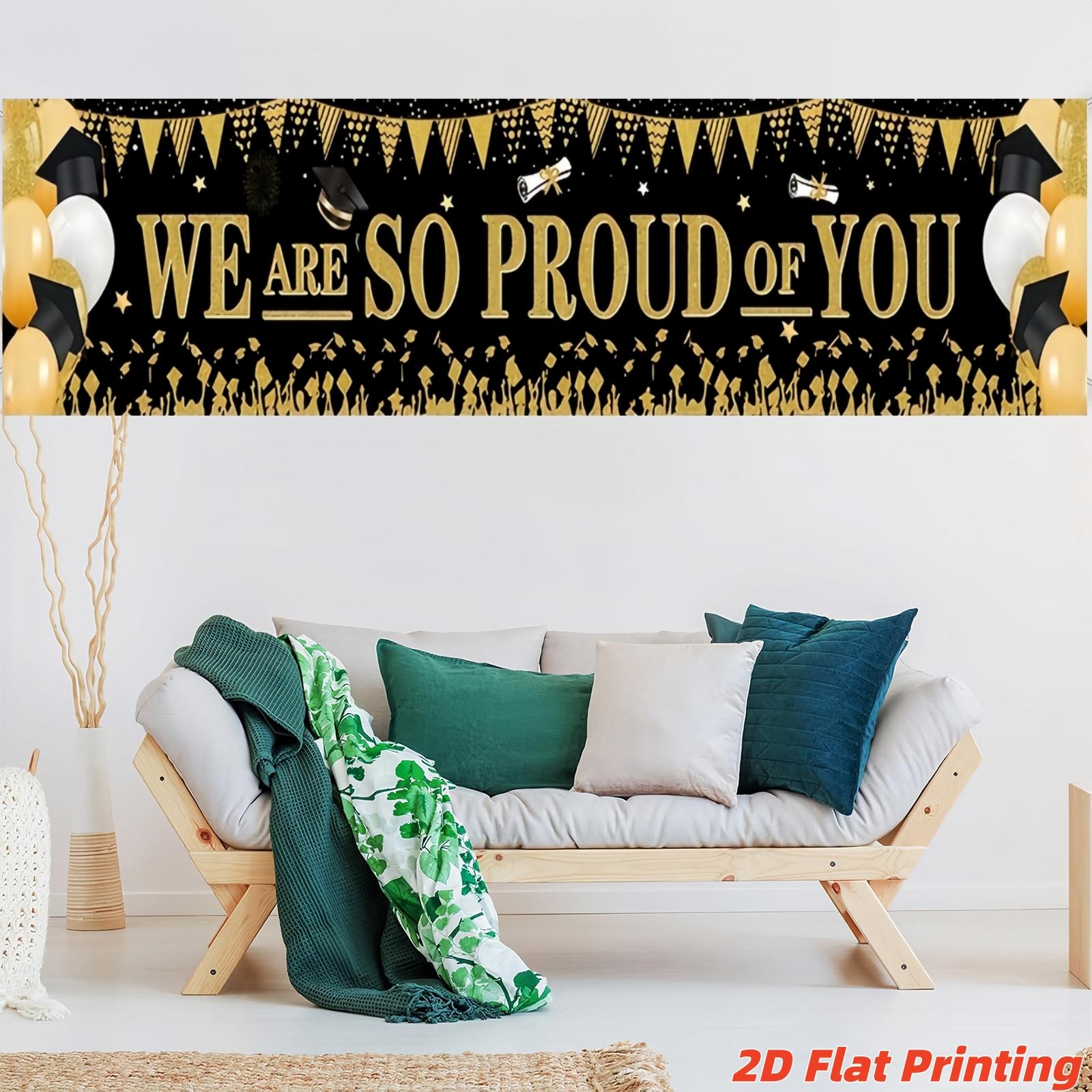 2D flat banner, 1 black gold graduation season banner We Are So Proud Of You Graduation party decoration background cloth European and American graduation ceremony courtyard layout Bachelor's hat balloon photo background wall Graduation Banner