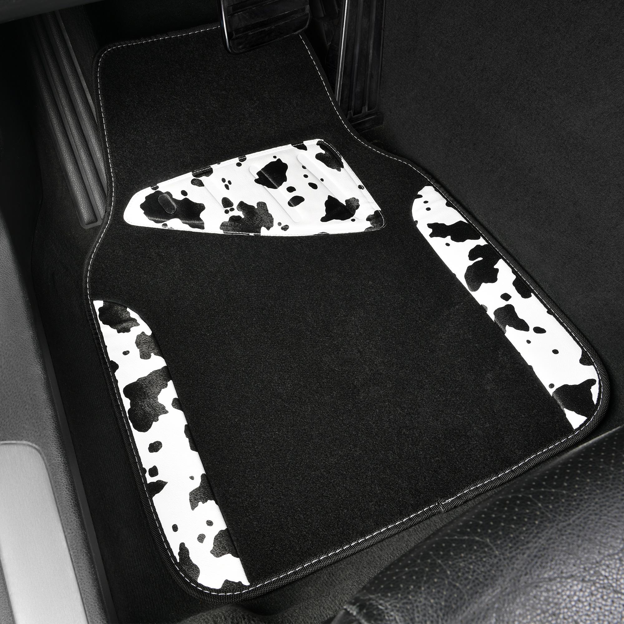 CAR PASS Waterproof Universal Fit Car Floor Mats, Cow Print Car Mats Fit for SUV,Vans,sedans, Trucks,Heel Backing,Cute Women Girly Funny Black White