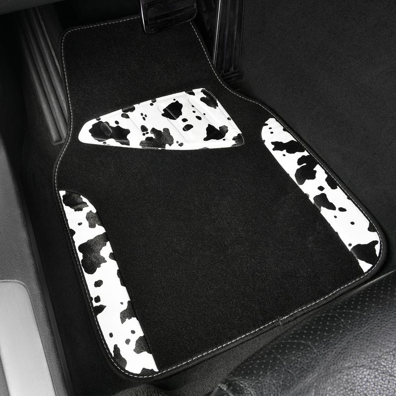 CAR PASS Waterproof Universal Fit Car Floor Mats, Cow Print Car Mats Fit for SUV,Vans,sedans, Trucks,Heel Backing,Cute Women Girly Funny Black White