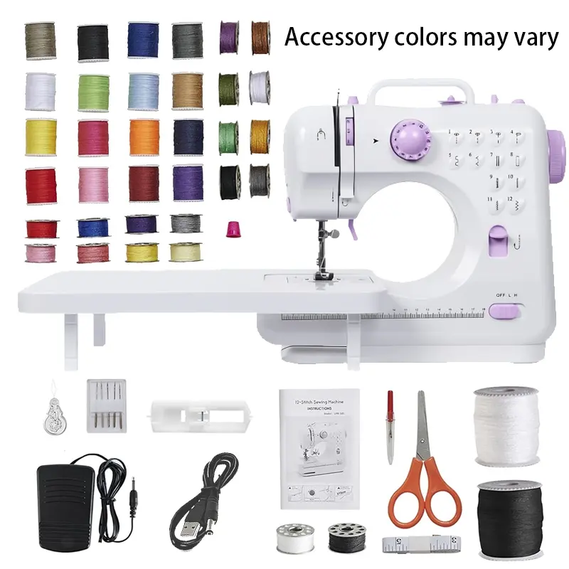 Portable 505 purple sewing machine with a board and advanced sewing kit accessories, featuring 12 different sewing patterns. The full set includes 42 pieces: foot pedal, extension work table, and a 42-piece sewing needle and thread tool kit. Easy to opera