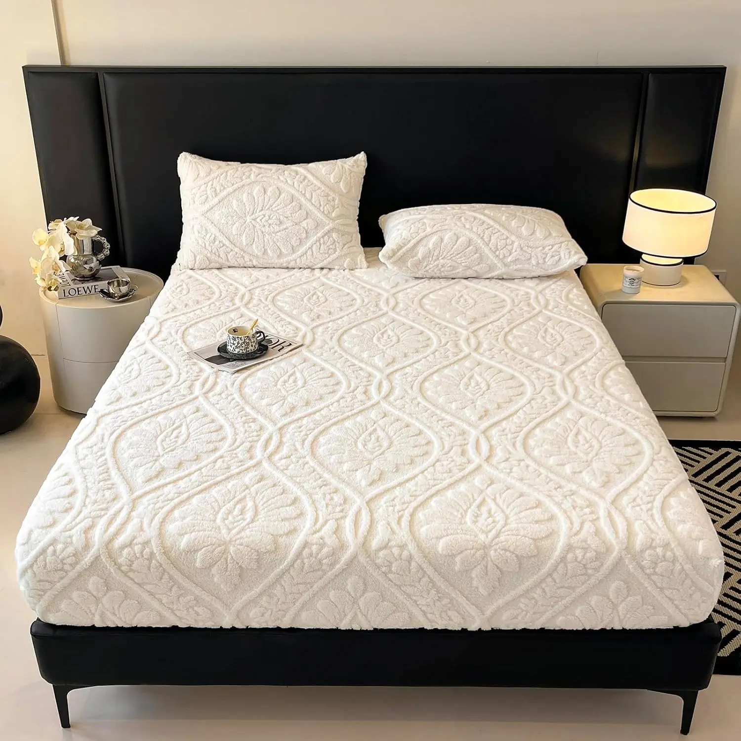 Fluffy Velvet Fitted Sheet Twin Size - Micro Fleece Bed Sheet with 15" Deep Pockets, Bohemian Floral Jacquard Mattress Cover, Shrink & Fade Resistant, White