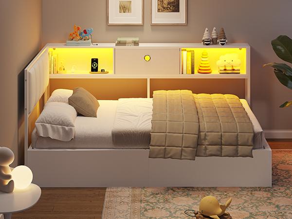 Hasuit Corner Twin Lift Up Storage Bed Frame with Charging Station & LED Lights, Twin Day Bed with Upholstered Headboard and Bookcase, Corner Beds with Hydraulic for Kids Teens Guests