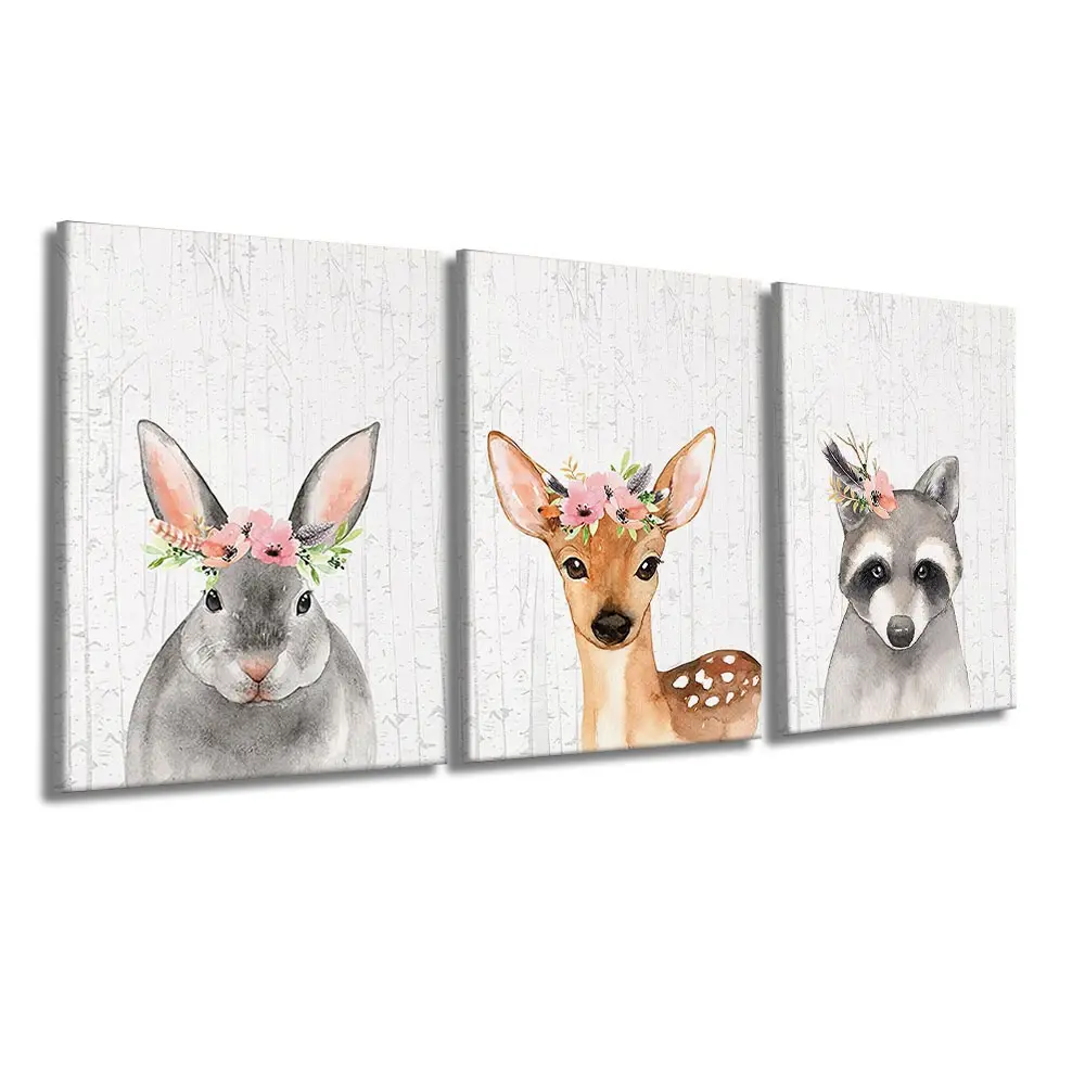 3 Pcs/Set Wooden-Framed Canvas Painting, Watercolor woodland rabbit, fawn and raccoon wearing flower crowns, soft nursery animal wall art for kids bedroom, playroom and baby room decor, Fashion Artistic Ornaments, Artwork