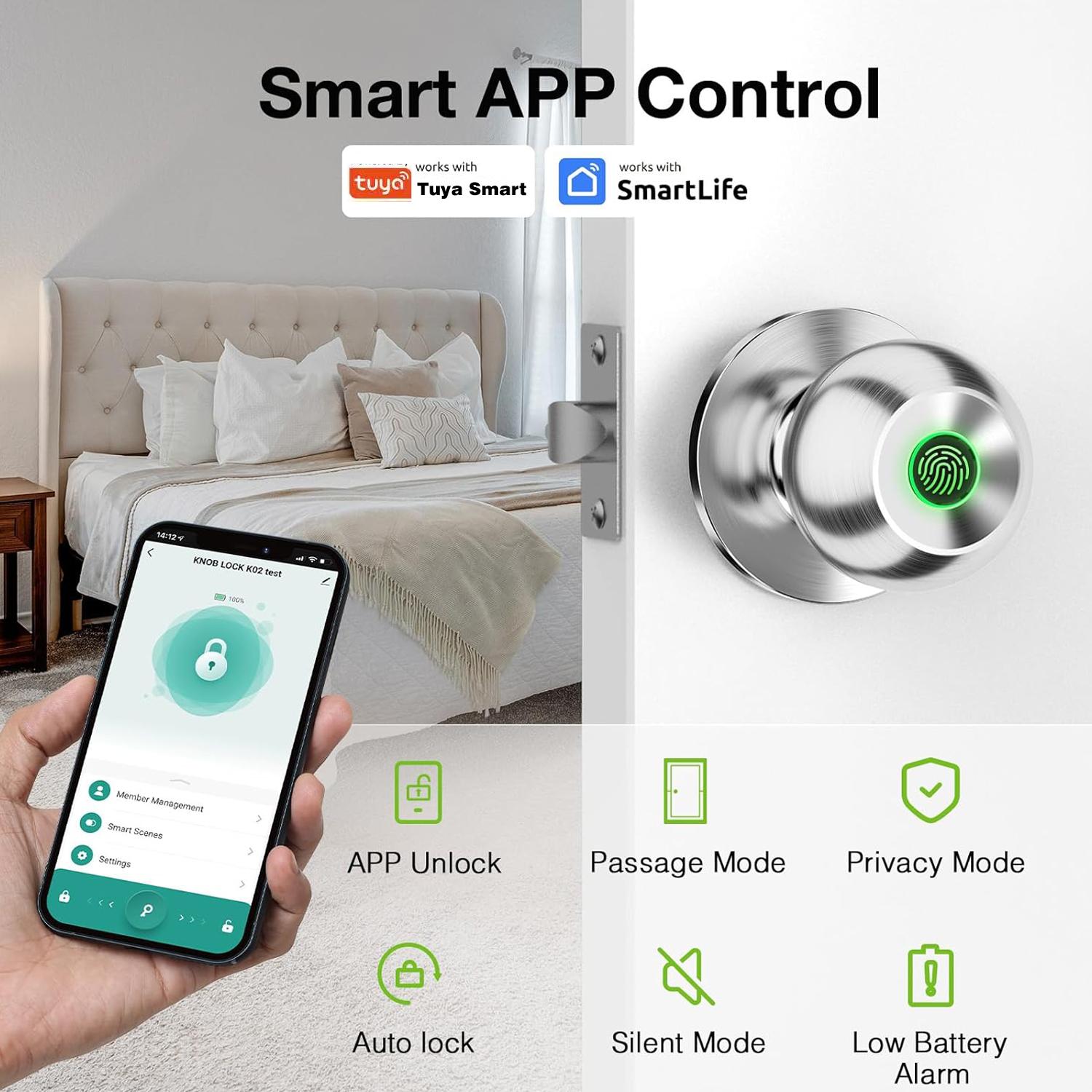 Valentine's Day Gift EUERTE Fingerprint Door Knob Biometric Smart Lock with APP Control 3-In-1 Fingerprint Unlock 5s Auto-Lock Rechargeable Battery Easy Installation for Bedroom Garage Apartment