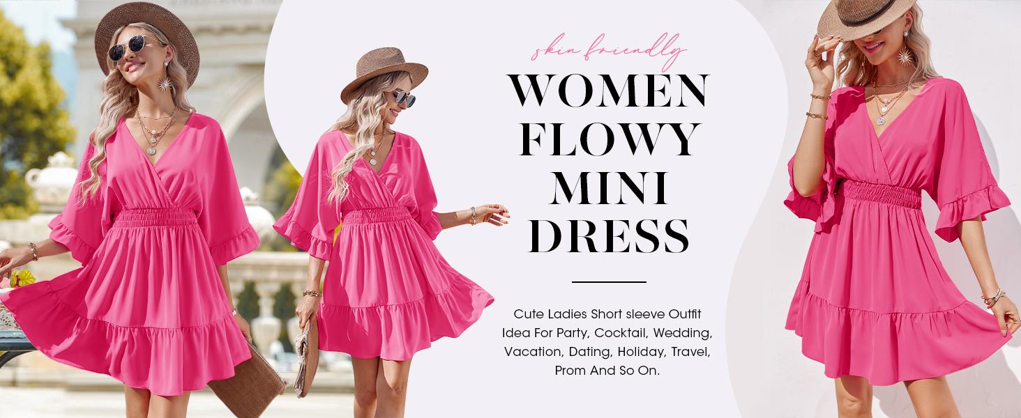 Wenrine Women‘s V Neck Casual Dresses Summer Loose High Waist Ruffle Pleated Cute Mini Short Dress