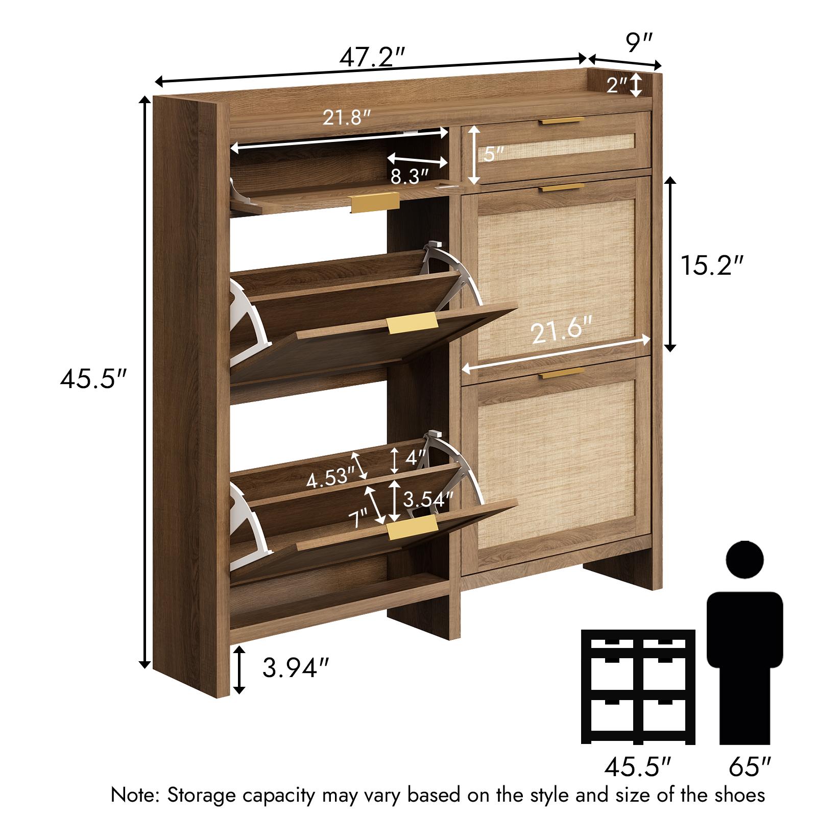 PieDle Furniture Oversized Rattan Shoe Storage Cabinet with 4 Flip Drawers & 2 Drawers – Hidden Slim Shoe Organizer for Entryway, Large Tabletop Space, Farmhouse Boho Narrow Shoe Rack