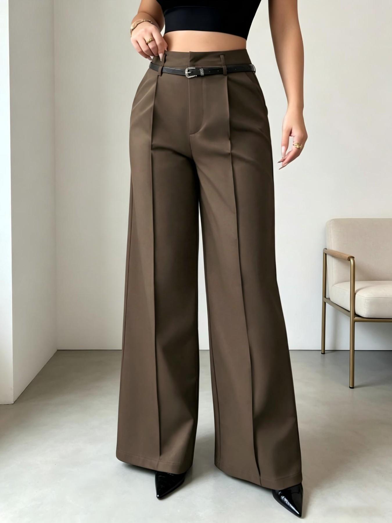 New Women's High-Waisted Wide-Leg Suit Pants, Button Pleated Design with Belt, Casual Elegant Comfortable Style for Daily Commute